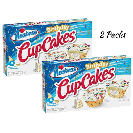 HOSTESS Birthday Cupcakes Frosted Cupcakes Creamy Center - 13.1 oz 8 Count (2 Packs)