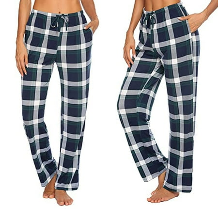 YOUSNH Womens Casual Comfortable Plaid Prints Pajamas Wide Leg Pants Long Yoga Pants Leggings For Women Navy L