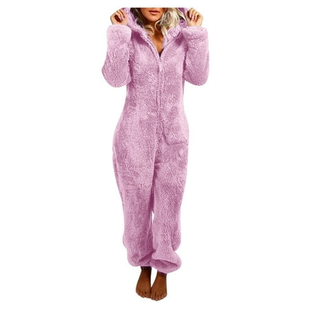 Adult Onesie Plush Women Pajamas Fashion Zipper Fleece Hooded Rompers Color Block Long Jumpsuits Winter Warm Sleepwear